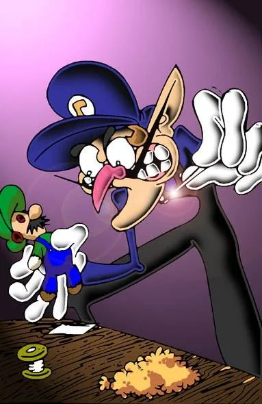 Dark atmospheric Waluigi as sinister villain.