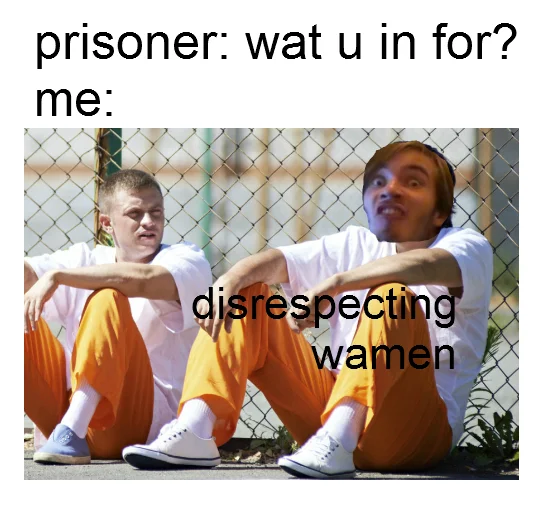 Two prisoners in orange jumpsuits meme with text 'prisoner: wat u in for? me: disrespecting wamen'