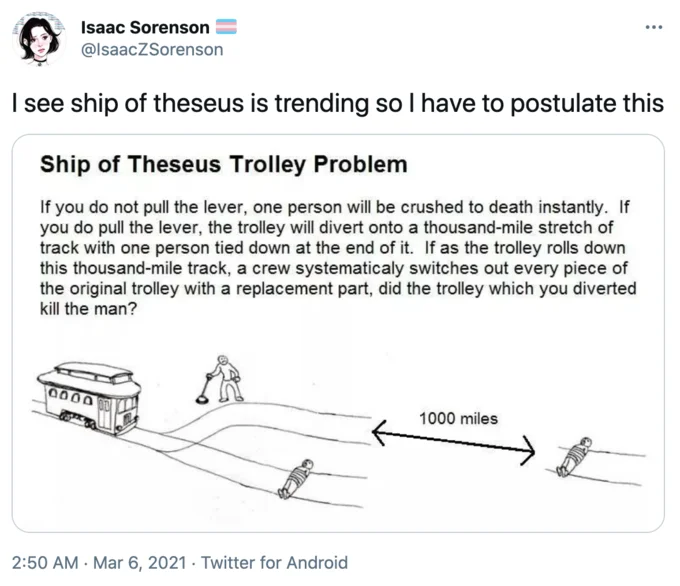 WandaVision "Ship Of Theseus" Conversation — Tweet proposing a Ship of Theseus Trolley Problem thought experiment with cartoon illustration