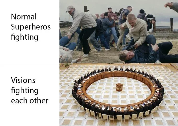 WandaVision "Ship Of Theseus" Conversation — Two-panel meme comparing superhero brawls to a round-table debate labeled Visions fighting