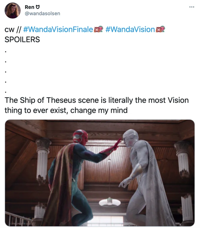 WandaVision "Ship Of Theseus" Conversation — Tweet calling the Ship of Theseus scene the most Vision thing to ever exist with a scene screenshot