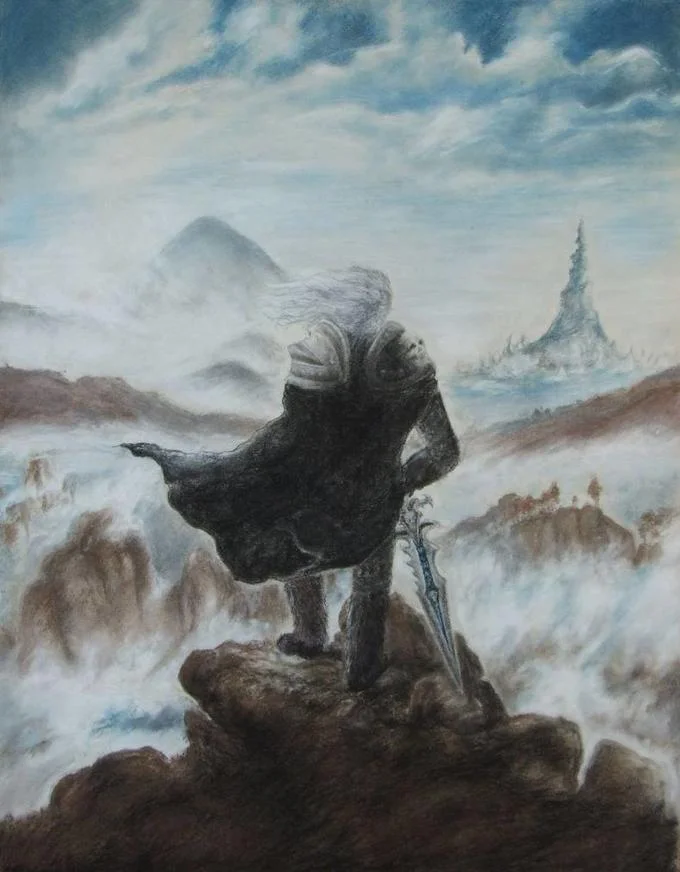 Wanderer Above The Sea Of Fog — Dark fantasy parody with silver-haired warrior and sword.