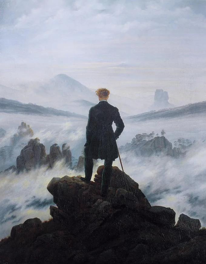 Wanderer Above The Sea Of Fog — Original 1818 oil painting of wanderer on rocky peak.