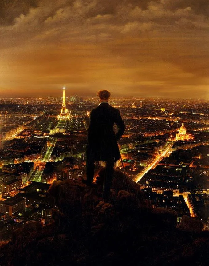 Wanderer Above The Sea Of Fog — Parody with wanderer overlooking glowing Paris cityscape.