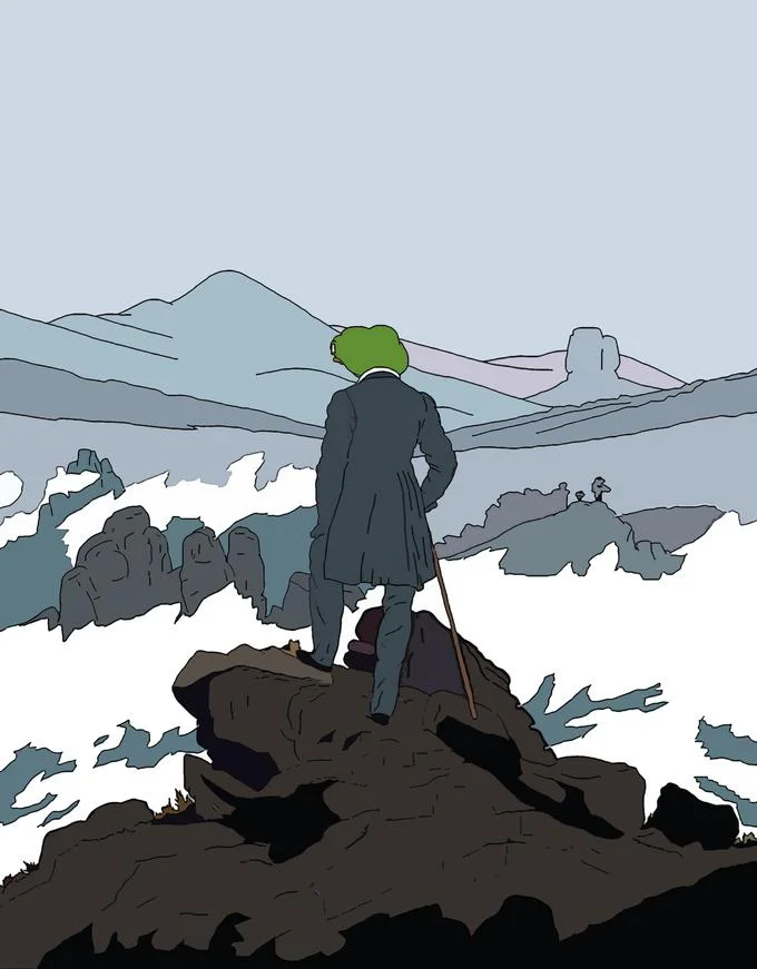 Wanderer Above The Sea Of Fog — Comic-style parody with Pepe replacing wanderer's head.
