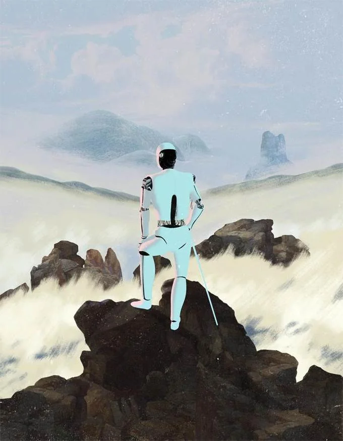 Wanderer Above The Sea Of Fog — Parody with blue robot android replacing human figure.