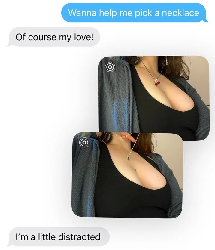 Wanna Help Me Pick A Necklace — Original meme with woman and necklaces at low neckline.
