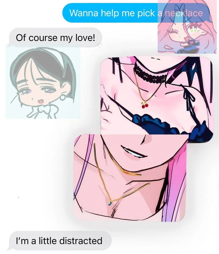 Wanna Help Me Pick A Necklace — Pastel anime with pink and soft color tones.