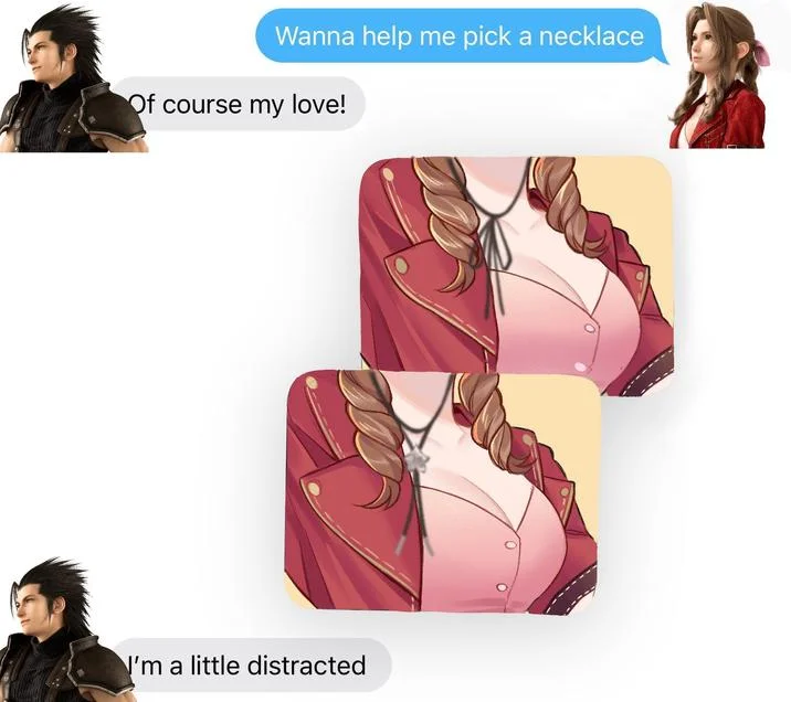Wanna Help Me Pick A Necklace — Character portraits with red outfit necklace display.