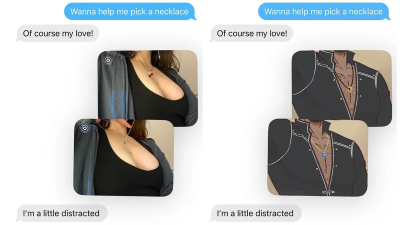 Wanna Help Me Pick A Necklace — Comparative template showing photo and anime versions.