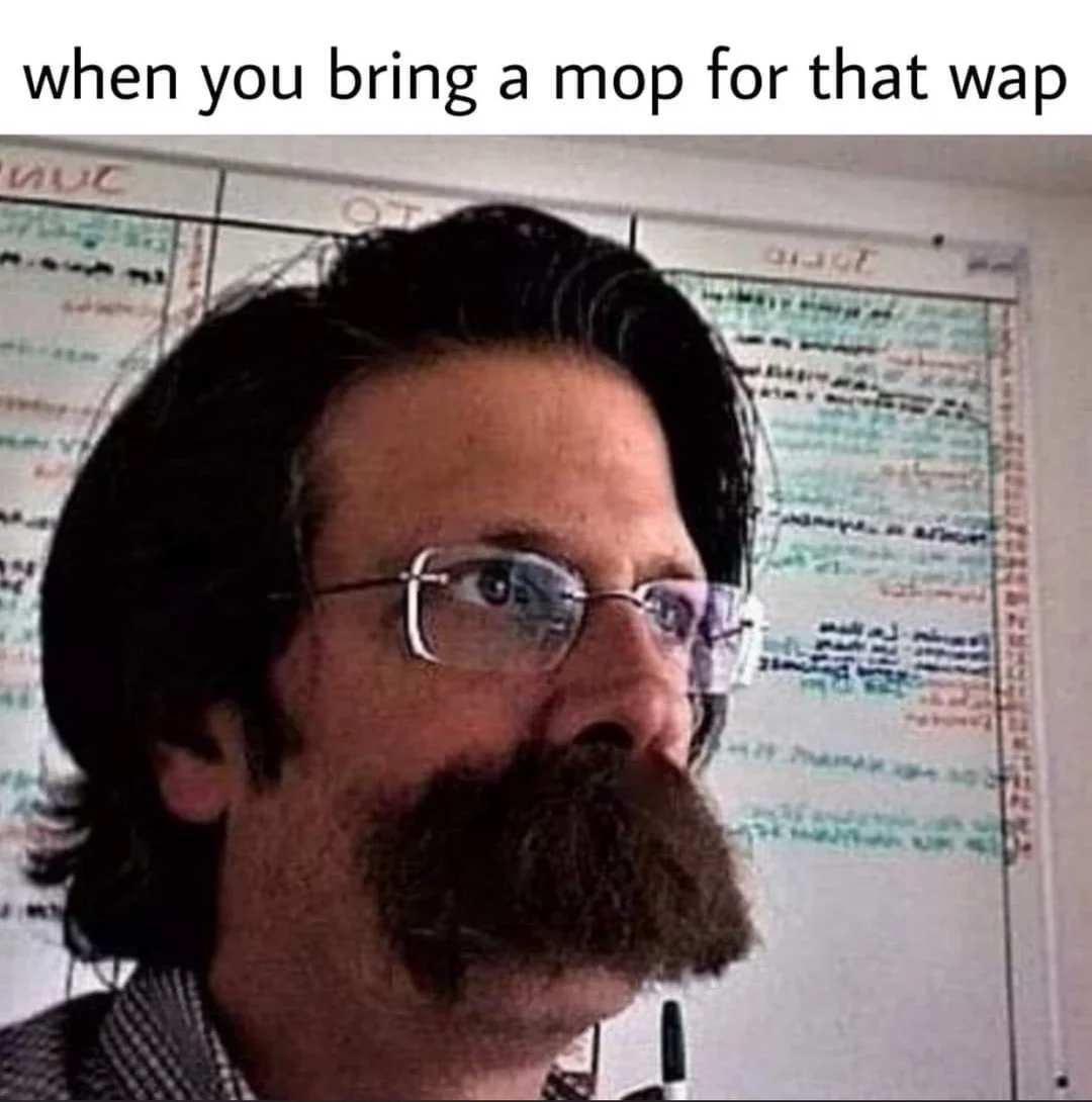 WAP Meme — Bearded man with glasses and mop cleaning pun.