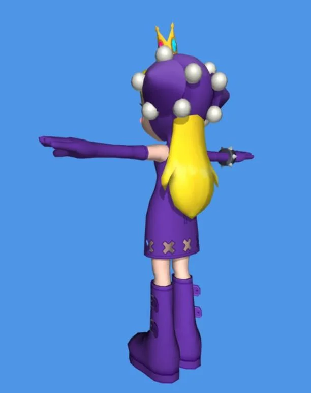 3D rendered back view of Wapeach showing ponytail and purple dress