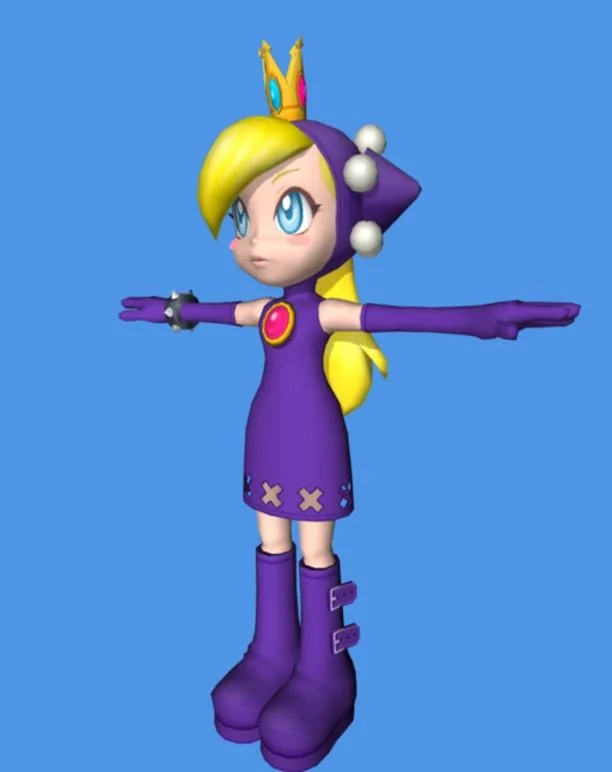 3D rendered front view of Wapeach in purple dress and crown
