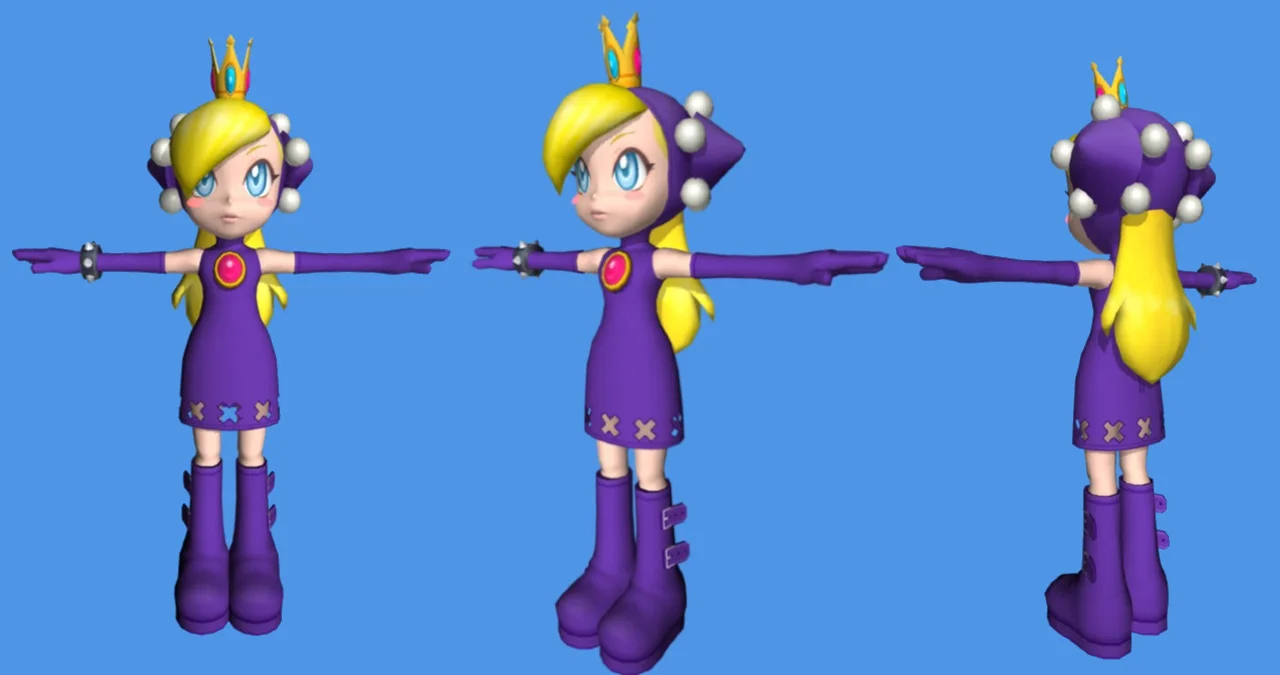 Three 3D model turnaround views of Wapeach in a purple dress with crown and spiked bracelet