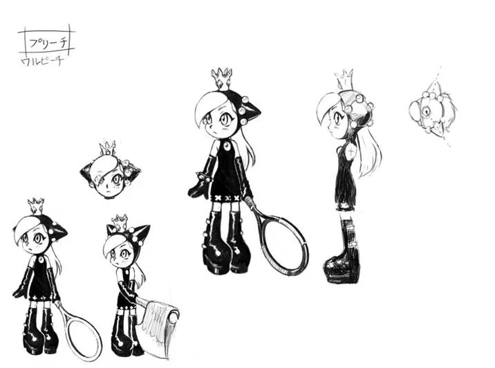 Concept art sheet with several Wapeach sketches and Japanese katakana label