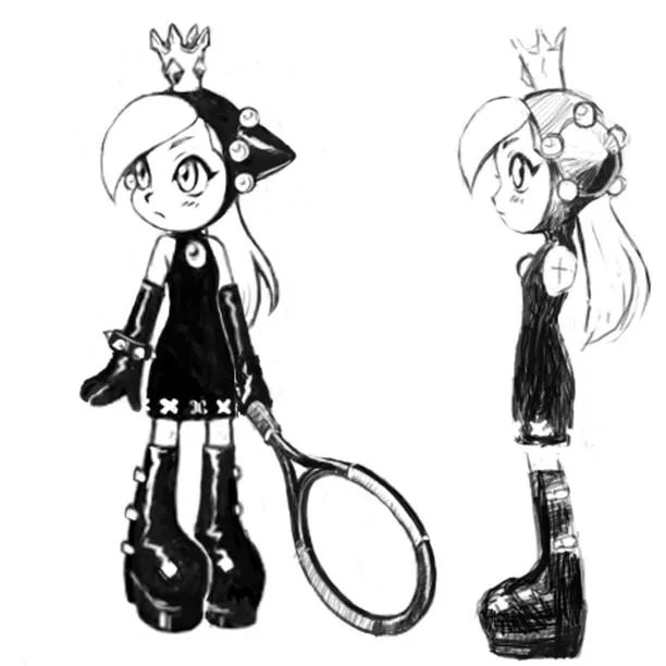 Monochrome sketch of Wapeach holding a tennis racket in front and side views