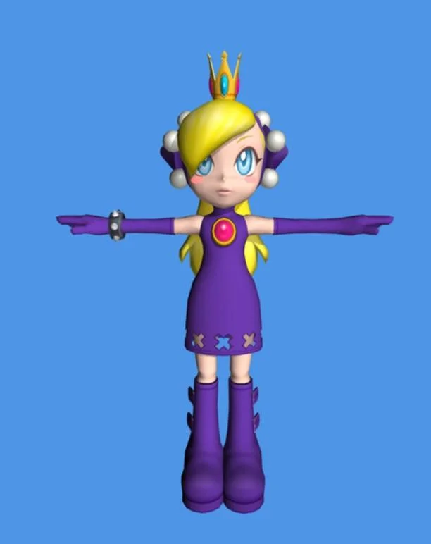 3D T-pose model of Wapeach in purple dress with crown