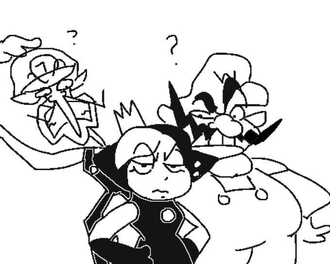 Monochrome comic of Wario and Waluigi reacting confused to Wapeach