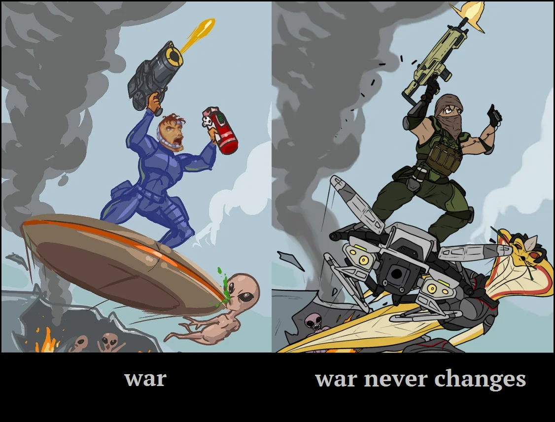 War Never Changes — Rough cartoon of a Fallout vault dweller being interrupted by Metal Gear's Solid Snake shouting War Has Changed.