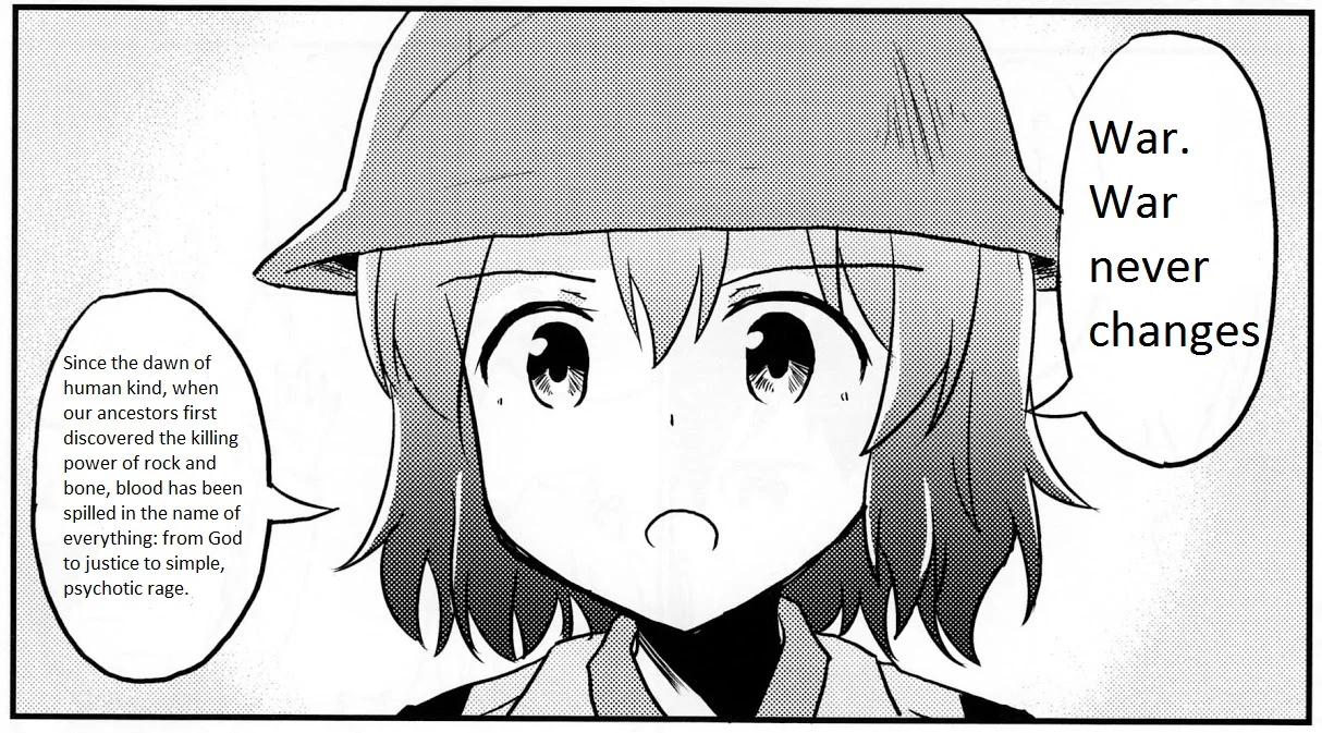 Manga panel of an anime girl in a helmet speaking the Fallout War Never Changes monologue.