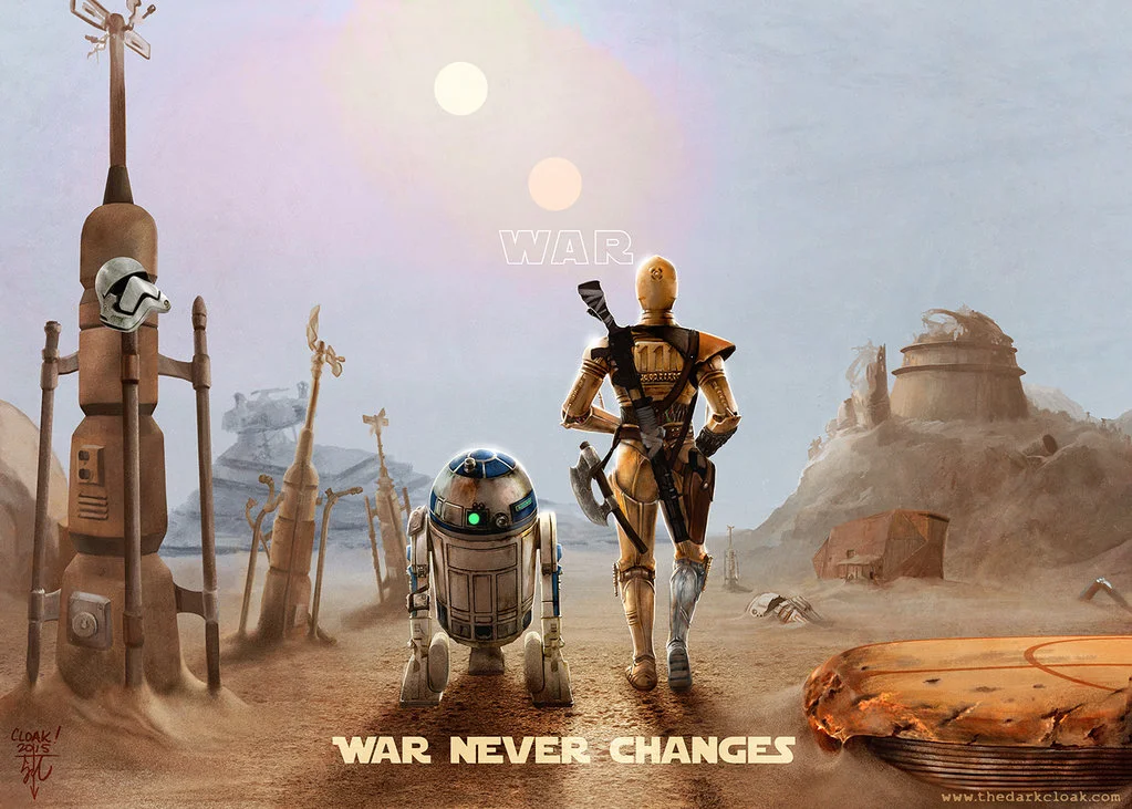 War Never Changes — Fallout 4 power armor modded with a Thomas the Tank Engine face, captioned Mods. Mods never change.