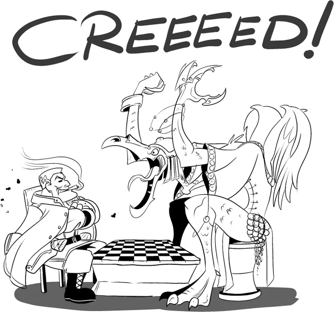 Warhammer 40,000 — Cartoon of Lord Castellan Creed outwitting a Tzeentch daemon at chess, labeled Creeeed