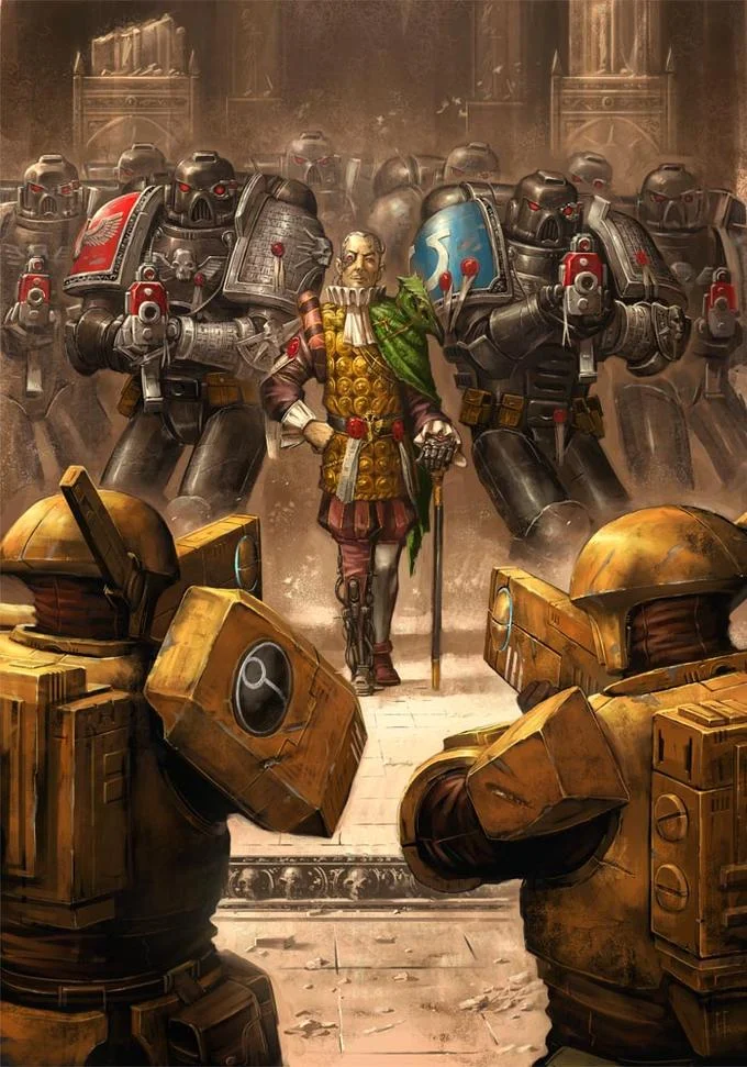 Imperial noble flanked by Space Marines in gothic chamber from Warhammer 40,000