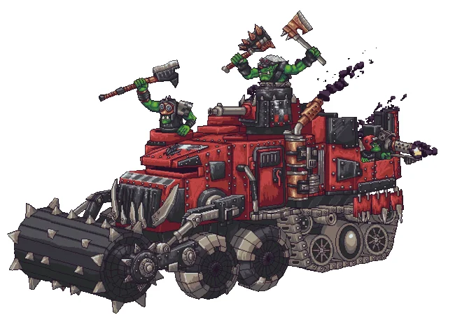 Warhammer 40,000 — Pixel art animation of a red Ork Battlewagon with axe-wielding Orks