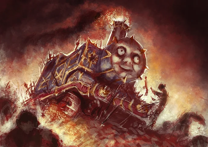 Thomas the Tank Engine reimagined as a Warhammer 40,000 Chaos daemon engine