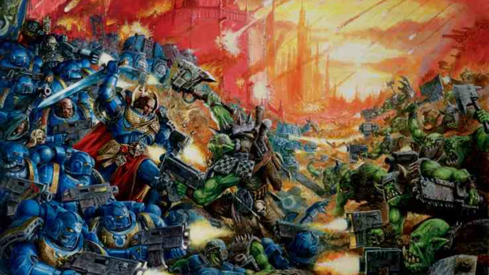 Ultramarines Space Marines battling Orks in burning city, classic Warhammer 40,000 cover art