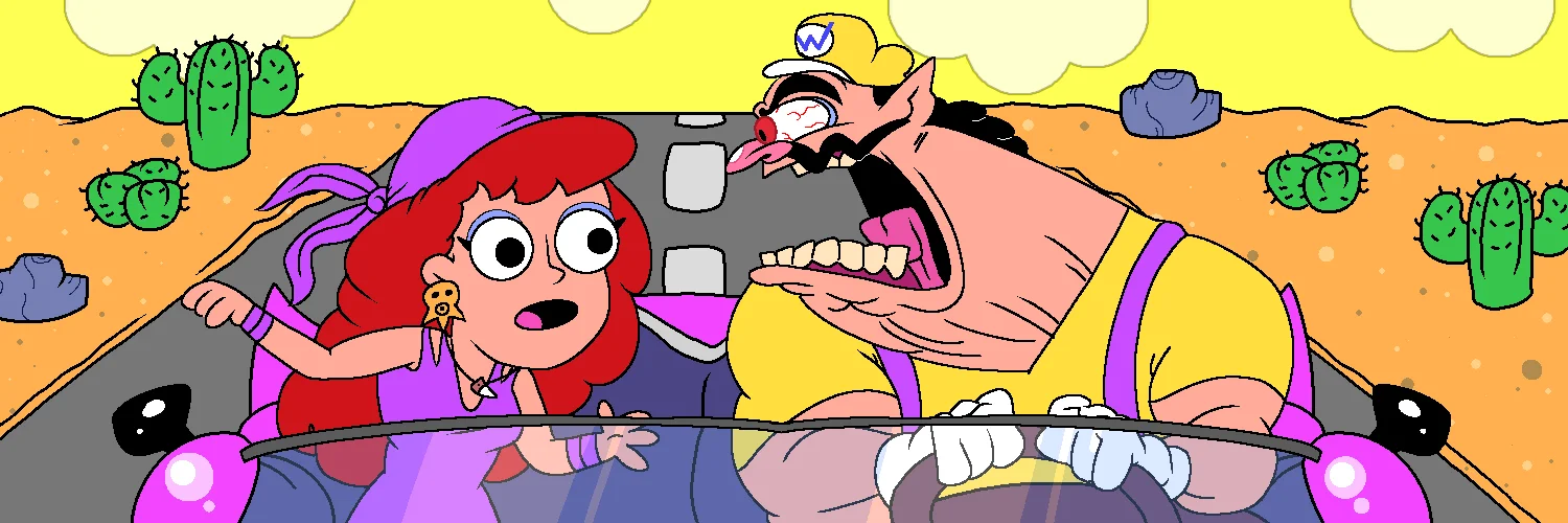 Cartoon Wario driving through desert with scared red-haired woman passenger
