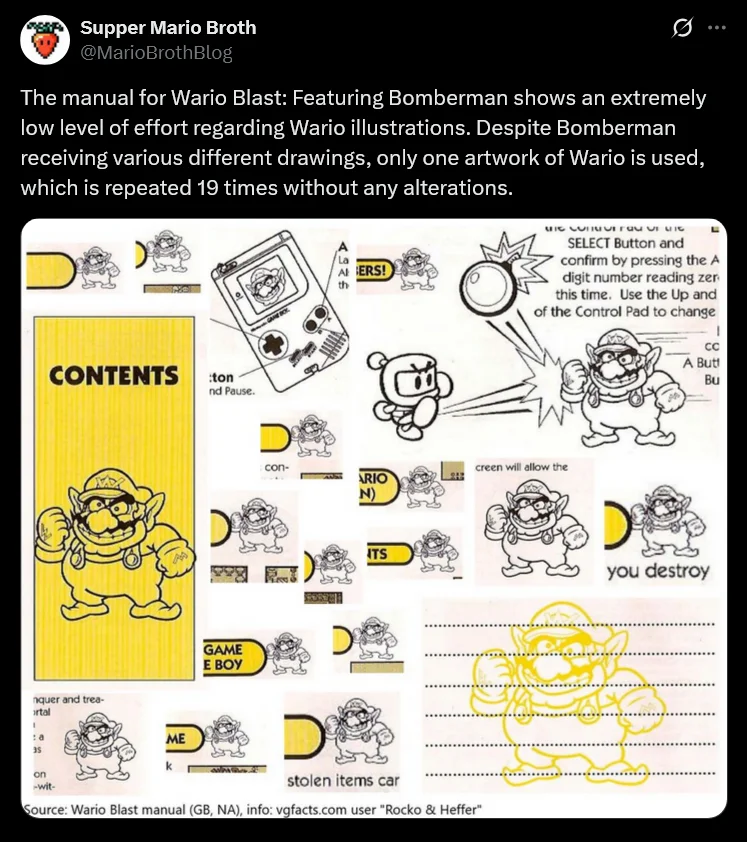 Supper Mario Broth tweet showing the Wario Blast manual with the same Wario drawing repeated throughout