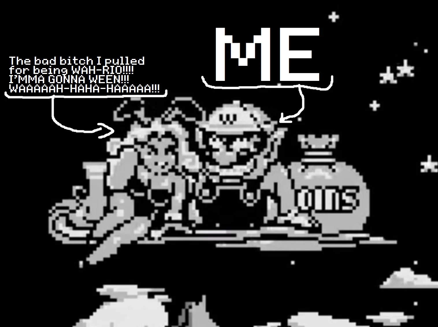 Edited Wario Land Game Boy scene with 'WAH-RIO' caption meme