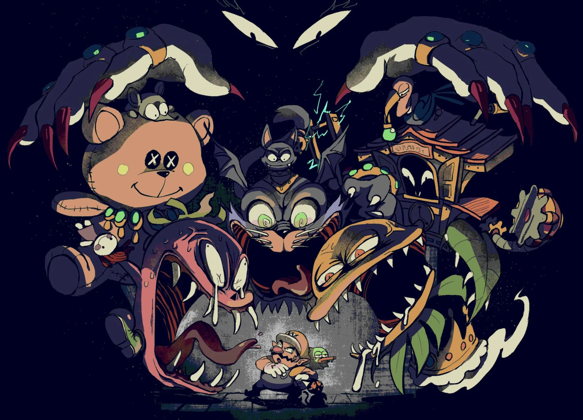 Dark Wario fan art showing Wario and Waluigi facing grotesque WarioWare-style monsters