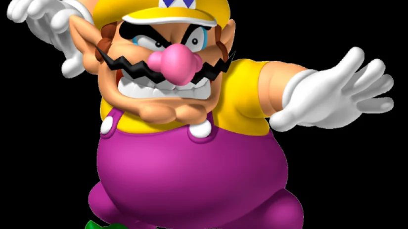 Nintendo's official 3D render of Wario in yellow and purple outfit with arms extended