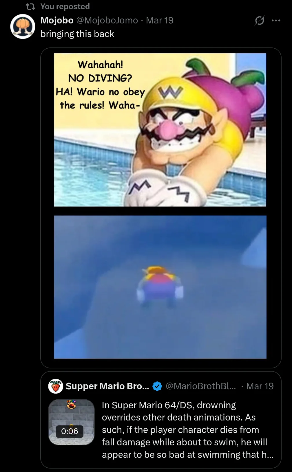 Twitter screenshot of Wario pool diving meme with Super Mario 64 drowning animation