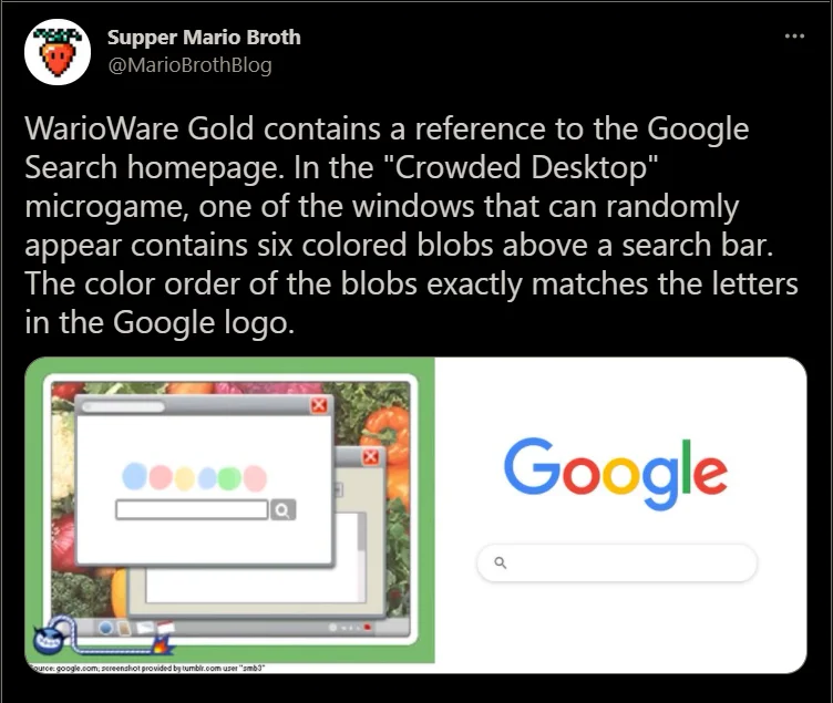 Supper Mario Broth tweet comparing a WarioWare Gold Crowded Desktop microgame window to the Google homepage