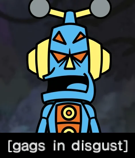 Blue robot WarioWare Gold character with the caption gags in disgust