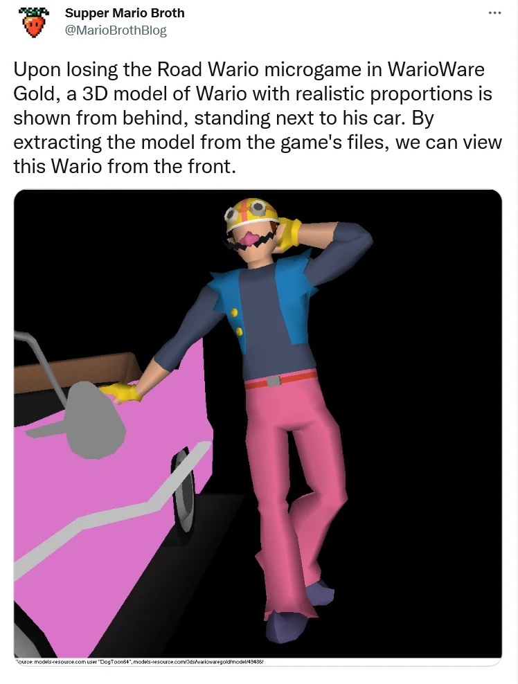 WarioWare Gold — Supper Mario Broth tweet showing a 3D model of long-legged Wario next to a pink car from the Road Wario microgame