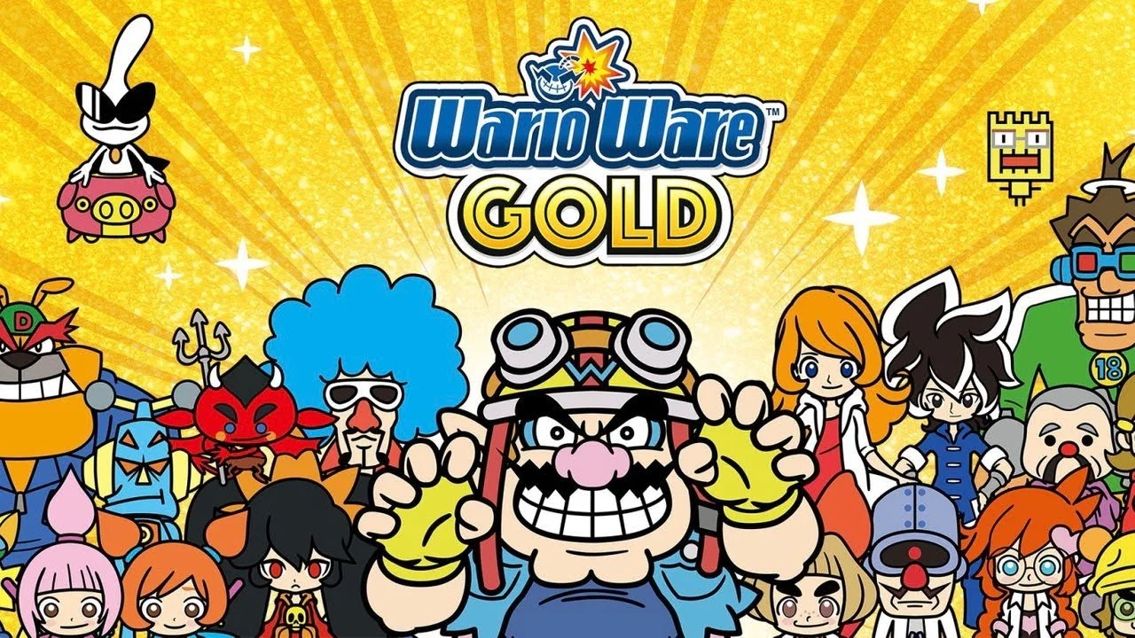 WarioWare Gold title logo with Wario and the full character cast on a golden starburst background