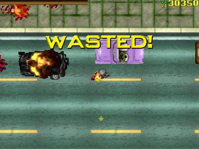Original GTA 1 top-down screenshot with yellow WASTED! text over a burning car