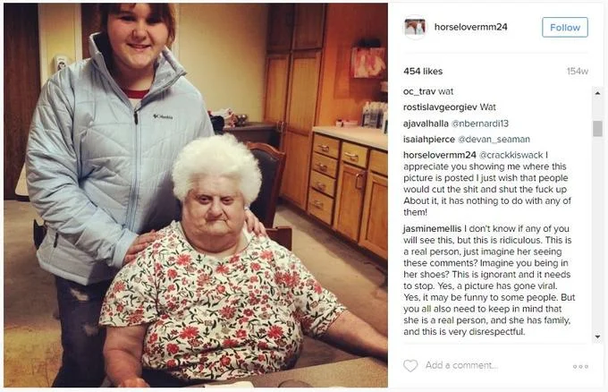 Instagram screenshot showing Wat Grandma with granddaughter and defensive comments