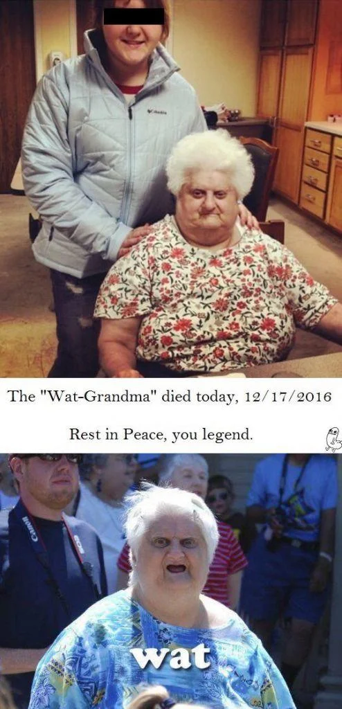 Memorial tribute image for Wat Grandma showing family photo and original meme