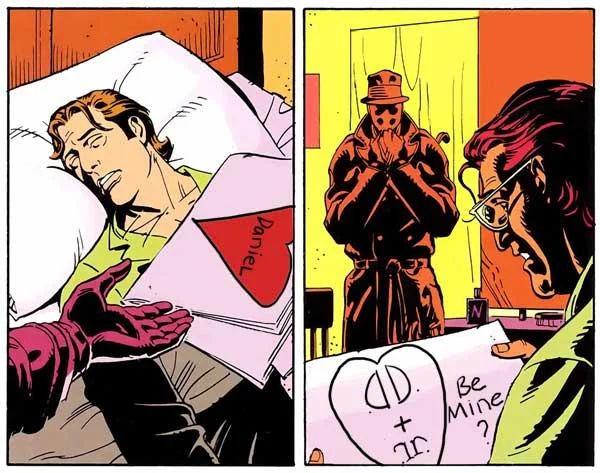 Watchmen comic parody with Rorschach presenting a Be Mine valentine card to Daniel Dreiberg