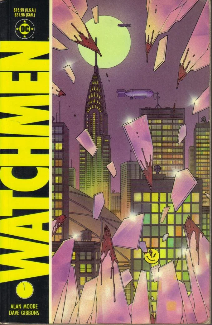 Watchmen graphic novel cover featuring falling glass shards over a city at night