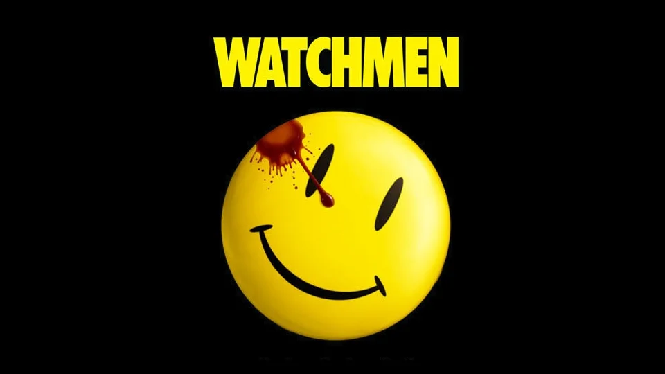 Watchmen logo with yellow smiley face stained by blood on black background
