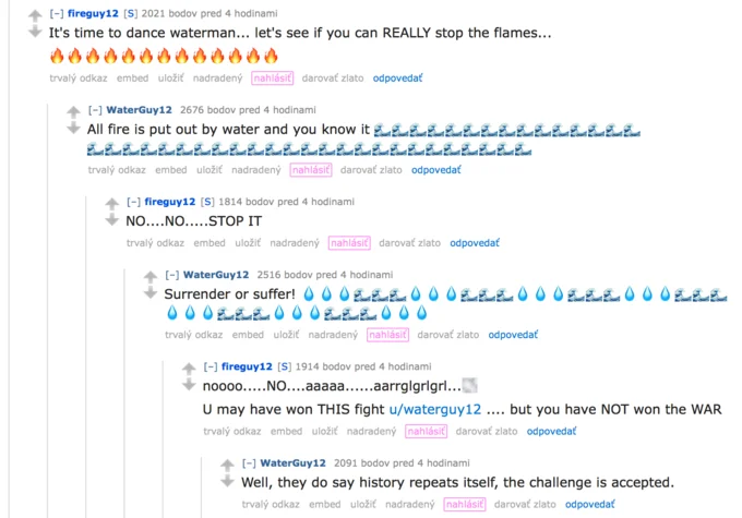 Reddit thread showing fireguy12 and WaterGuy12 exchanging taunts with fire and water emoji