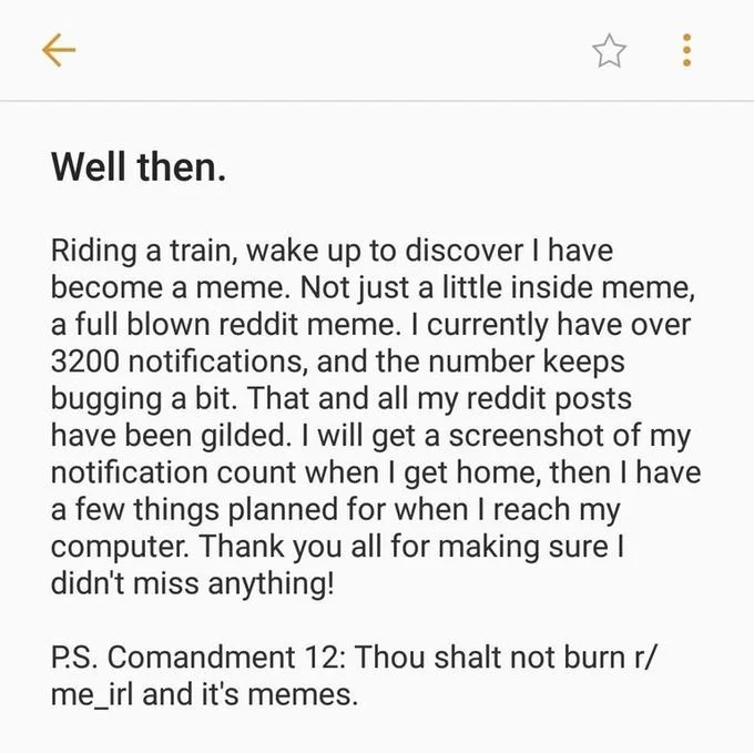 Reddit message titled 'Well then.' from u/WaterGuy12 describing waking up to find he had become a meme with over 3200 notifications