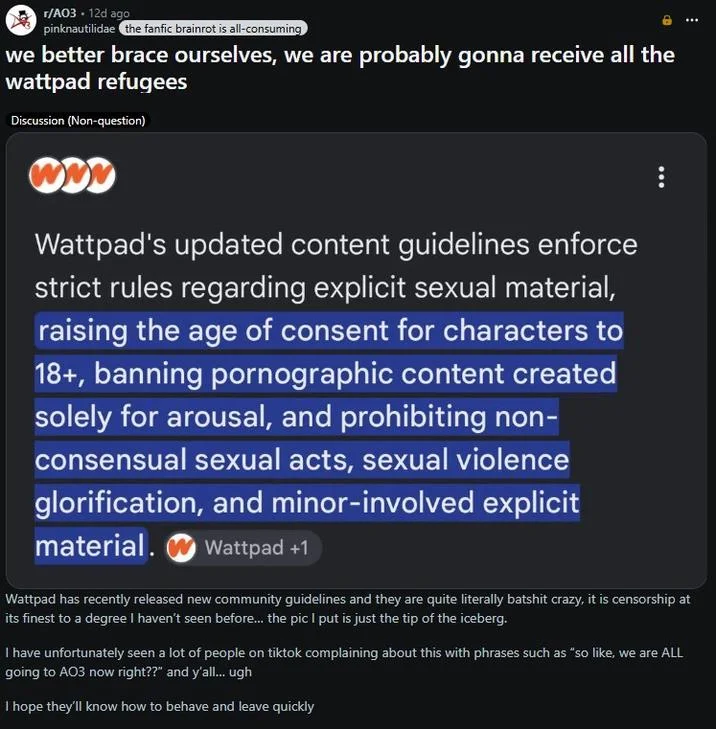 Wattpad Migration — Reddit post from r/AO3 discussing Wattpad's new restrictive content guidelines