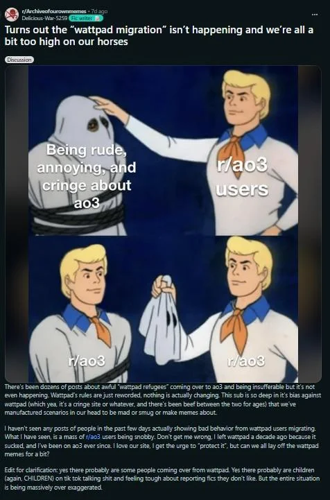 Reddit post using Scooby-Doo unmasking meme claiming AO3 users are exaggerating the Wattpad migration